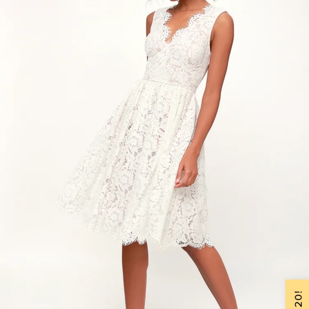 Lulu's Love Swept White Lace Midi Skater Dress, size S